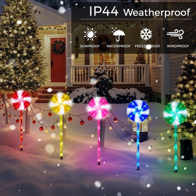 ILLUMINEW Outdoor Christmas Decorations Solar Pathway Lights, Set of 5 Lollipops Peppermint Stake Lights, 8 Modes Candy Cane Walkside Lights, Outdoor Xmas Decoration for Walkway,Yard - Image 2